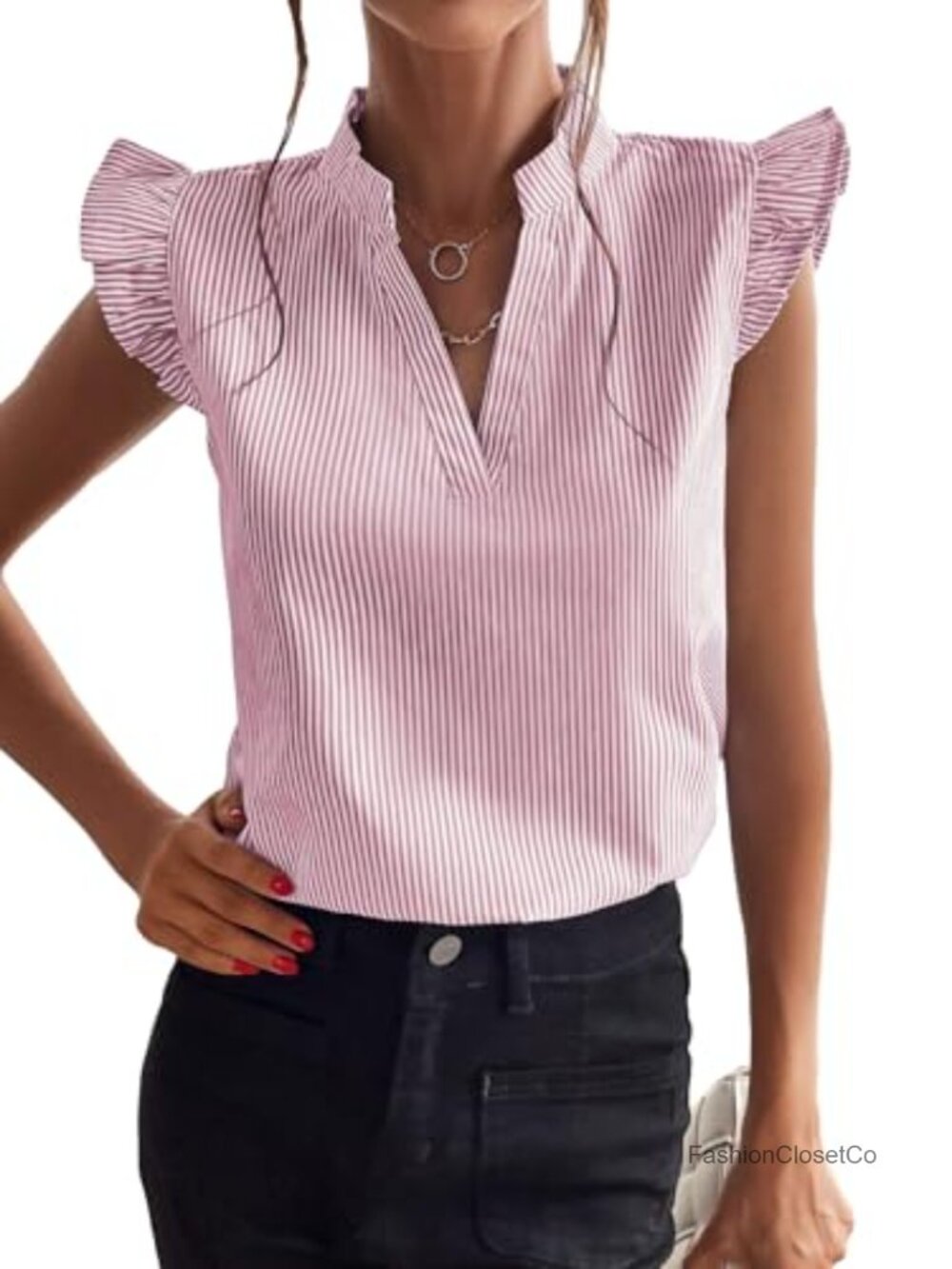 Women's Striped Ruffle Cap Sleeve V Neck Blouse Casual Work Top